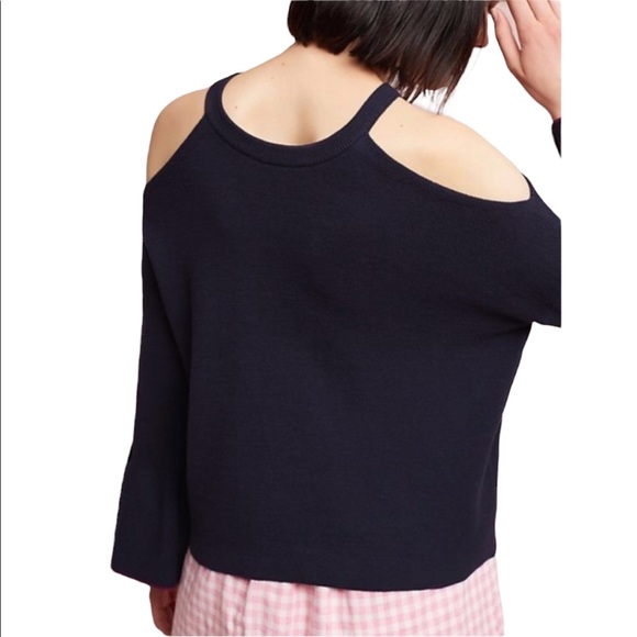 ANTHRO Knitted & Knotted Cold Shoulder Navy Knit Bell Sleeve Sweater Size XS - Picture 2 of 6